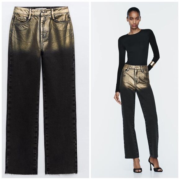ZARA HIGH WAIST Z1975 STRAIGHT LEG FOIL JEANS - Picture 1 of 10